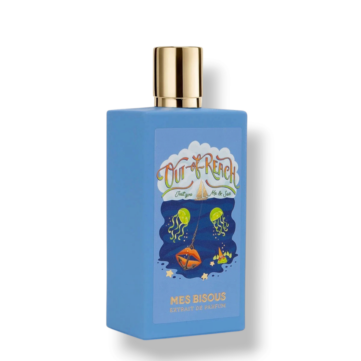 Scent Syndicate LLC Mes Bisous Out of Reach Extrait de Parfum in a rectangular blue bottle with gold cap.