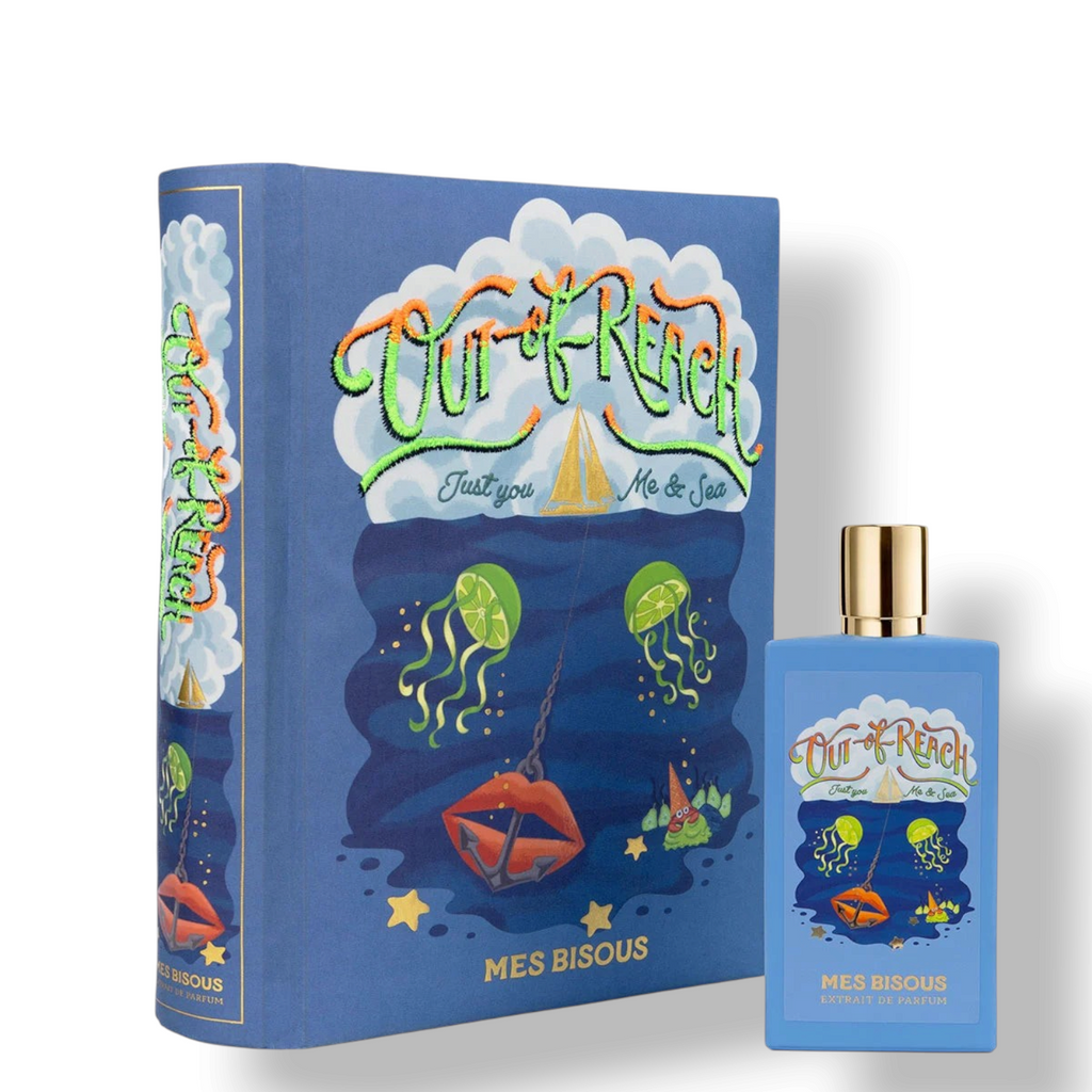 Scent Syndicate LLC Mes Bisous Out of Reach Extrait de Parfum bottle and illustrated blue box with nautical theme
