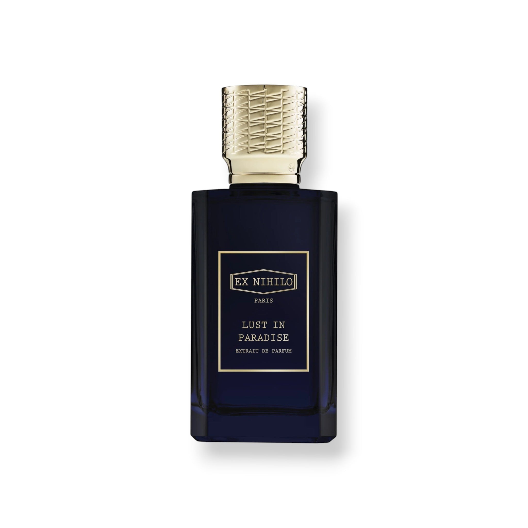 Scent Syndicate LLCH Ex Nihilo Lust in Paradise Extrait de Parfum bottle. Dark blue glass with gold cap and label.